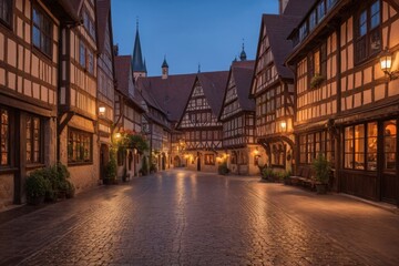 Fototapeta premium Mittelalterliche Fachwerkstraße bei Dämmerung mit historischen Gebäuden und Laternen