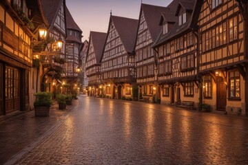 Fototapeta premium Mittelalterliche Fachwerkstraße bei Dämmerung mit historischen Gebäuden und Laternen