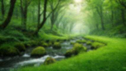 Blurry image of green open nature, lots of dense and shady trees, suitable for blurry nature theme wallpaper.