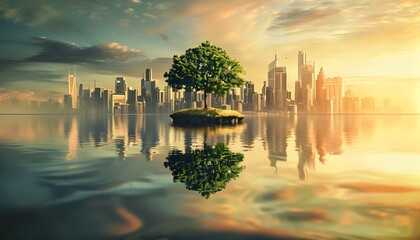 Fototapeta premium A serene island with a lone tree, mirrored in a calm body of water, amidst a cityscape at sunrise.