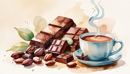 Elegant hand-drawn watercolor art depicting cocoa beans and hot chocolate cup in soft pastel tones with an artistic, minimalistic bohemian aesthetic.