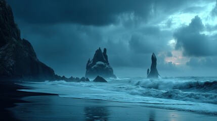 Reynisfjara Black Sand Beach in Iceland with Basalt Columns and Crashing Atlantic Waves under a Moody Cloudy Sky
