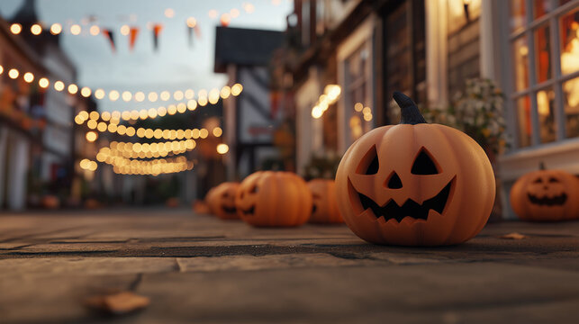 Halloween Streetscape: Capture the eerie charm of Halloween night with glowing jack-o'-lanterns illuminating a quaint street, setting a scene of spooky fun. - Powered by Adobe