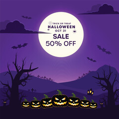Halloween Flash Sale banner with 50% off discount. Spooky marketing promotion template for retail advertising, social media posts, and holiday offers with pumpkins and a haunted house.