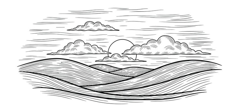 Black and white hand drawn landscape with rolling hills, clouds and sky. Engraving style vector.