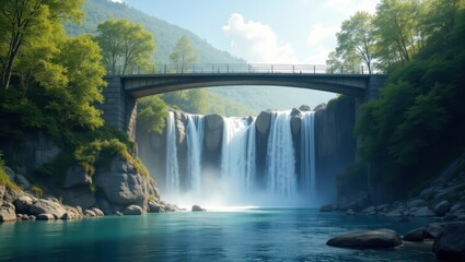 Fototapeta premium A serene waterfall cascading into a tranquil turquoise river, framed by lush greenery and a sturdy bridge overhead.