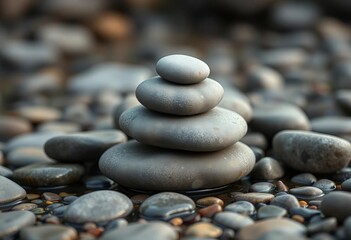 A carefully balanced stack of smooth grey river stones,  texture,  geology