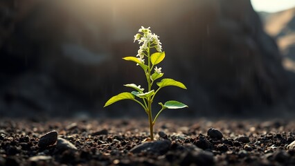 A small green plant with white flowers grows in soil as rain falls against a blurred mountain background.