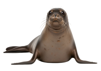 A full shot of a harbor seal, showcasing its textured fur and alert expression against a stark black backdrop.