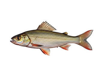 Obraz premium A detailed side view of a fish with a silvery-gray body and reddish fins against a black backdrop.