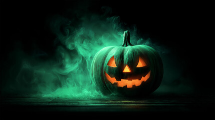 Spooky Jack-o'-lantern: A luminous jack-o'-lantern with a haunting grin emits an eerie green smoke against a black backdrop, perfect for evoking Halloween.