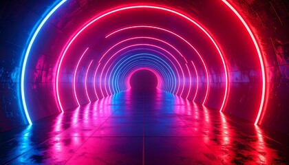 A vibrant neon tunnel with concentric circles of bright pink and blue light, creating a captivating, futuristic atmosphere.