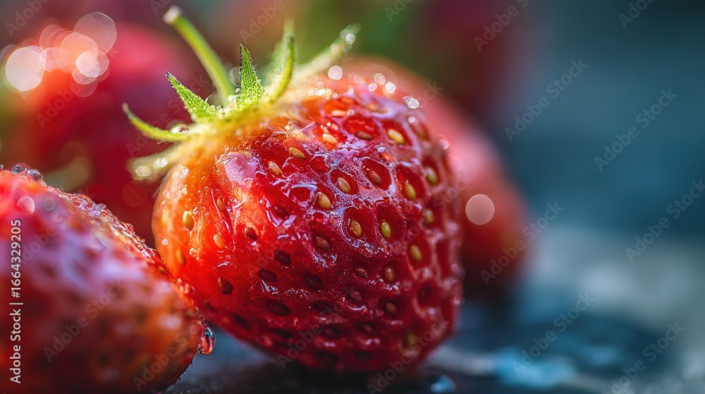 Poster a photo of two strawberries with water droplets on top and bottom in the foreground, framed by the b