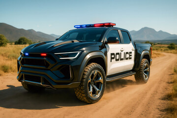 Police pickup truck patrolling a desert road