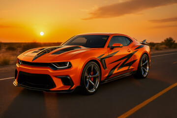 Fototapeta premium Orange sports car driving on a desert road at sunset