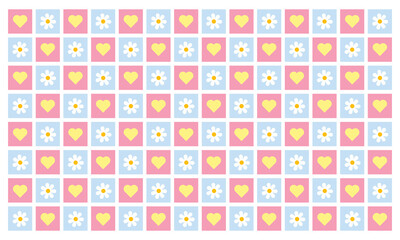 seamless checkered retro flowers and hearts in pink, blue and white seamless pattern on a light background For home decor, wallpaper, textile and fabric.