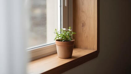 Fototapeta premium A small potted plant with white flowers sitting on a light wood windowsill