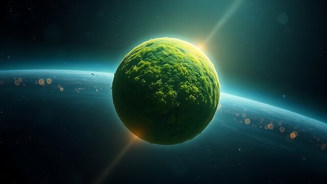 Lush green planet suspended in space with glowing atmosphere and vibrant cosmic vegetation.