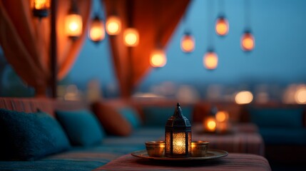 blurred image of a Moroccan desert rooftop bar softly glowing with amber lanterns under the night sky, ochre and teal palette