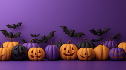 Festive Halloween Pumpkins and Bats: An assortment of carved pumpkins and bats against a vibrant purple backdrop, perfectly capturing the essence of Halloween's spooky spirit.