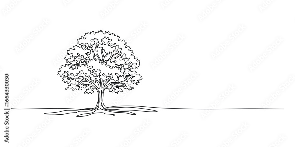 Poster a simple one line drawing of a tree with visible roots and leaves. minimalist design.
