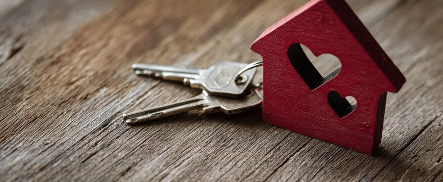 The house-shaped keyring on rustic wooden surface representing homeownership and real estate concept