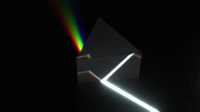 White light refraction through glass prism creating rainbow spectrum 3d