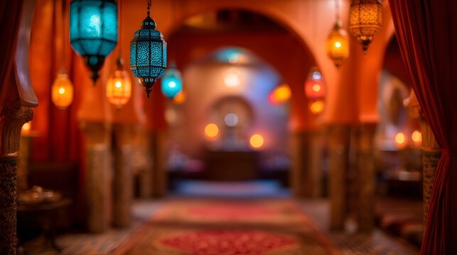 blurred image of a Moroccan hookah lounge bar illuminated by amber and teal lanterns, terracotta and turquoise palette