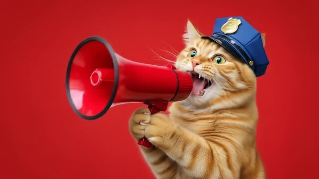Humorous Cat Cop Spreads the Word: A funny montage of an orange tabby cat wearing a police hat holding a megaphone, ideal for light-hearted announcements and comical content
