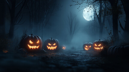 Spooky Pumpkin Patch Under Moonlight: Glowing jack-o'-lanterns cast eerie shadows in a moonlit forest, their carved faces revealing a sinister grin, while an unsettling mist hangs in the air.