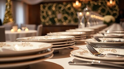 Elegant wedding buffet table adorned with decorative plates and silverware, capturing a festive and refined atmosphere.