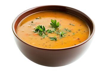 Delicious and creamy vegetable soup in brown bowl with fresh parsley topping, perfect for dinner, isolated on transparent background