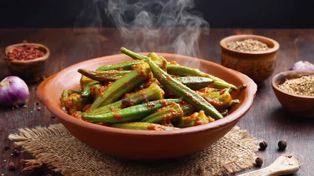 bhindi masala indian recipe on a warm background orbit video