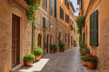 Fototapeta premium Malerische Gasse mit blauen Fensterläden und blühenden Pflanzen in Terrakotta-Töpfen
