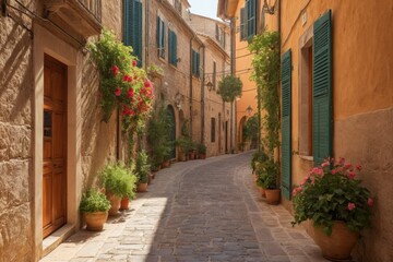 Fototapeta premium Malerische Gasse mit blauen Fensterläden und blühenden Pflanzen in Terrakotta-Töpfen