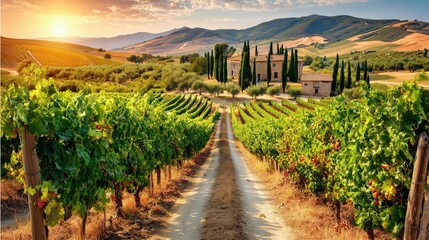 Naklejka premium Rolling Hills of Tuscany with Vineyards and Cypress Trees — Warm Sunset Glow over Idyllic Countryside and Farmhouse on the Horizon 