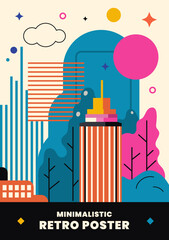 Minimalistic flat cityscape. Retro poster, infographic.