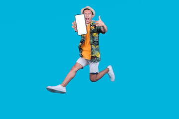 Cheerful Young Man Enthusiastically Jumping Up And Down Promoting Something On A Blank Phone