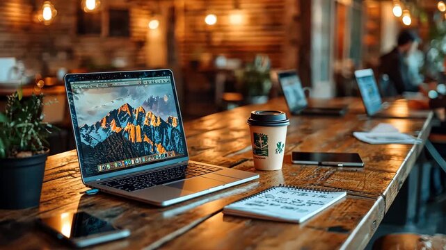Cozy Workspace: Laptop and Coffee on Wooden Table in a Relaxed Cafe Setting. Productive Workspace