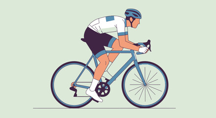 Obraz premium Illustration of a cyclist in a blue and white jersey riding a blue road bike in a streamlined position.