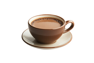 Fototapeta premium Delicious hot chocolate drink in a brown ceramic mug on a saucer, perfect for winter mornings, isolated on transparent background