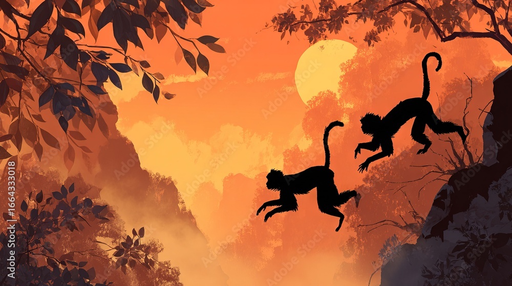 Poster monkeys in a tree against an orange sky and full moon in the backdrop
