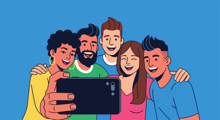 Diverse group of friends taking a selfie together, expressing joy and camaraderie.