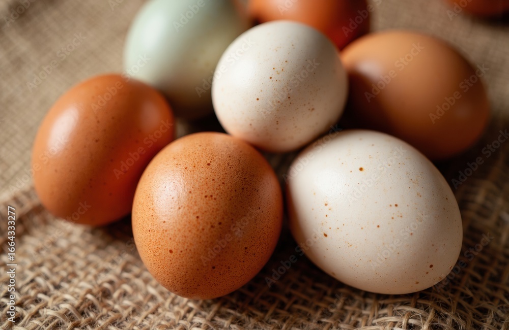 Poster fresh eggs with brown and white shells arranged on a textured burlap surface