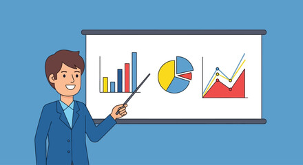 Cartoon illustration of a confident businessman presenting a data analysis report with charts and graphs for a corporate strategy meeting