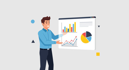 Corporate professional presenting a comprehensive data analysis report with various charts and graphs on a digital dashboard interface