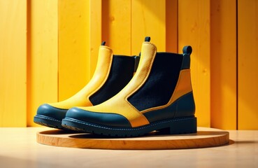 Yellow and black rain boots displayed on a round wooden platform against a bright yellow wooden background