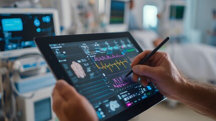 A person using a stylus on a tablet displaying medical data in a hospital setting with equipment nearby