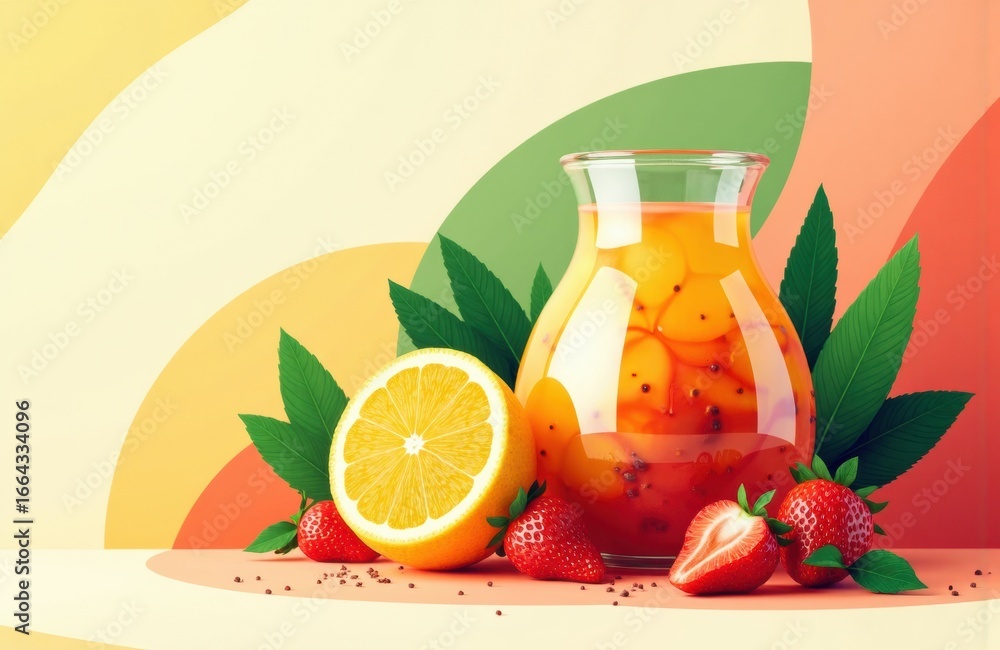 Poster refreshing citrus juice served in a glass pitcher surrounded by fresh strawberries and lemon slices 