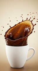 Obraz premium Coffee spills from a white mug droplets scattered against a beige background